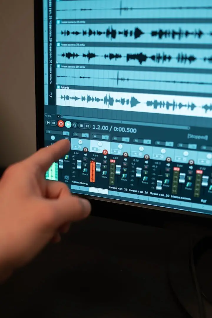 Close-up of a hand pointing at audio editing software on a monitor in a recording studio.